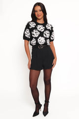 Lumara Texture Flower Short Sleeve Sweater - Black