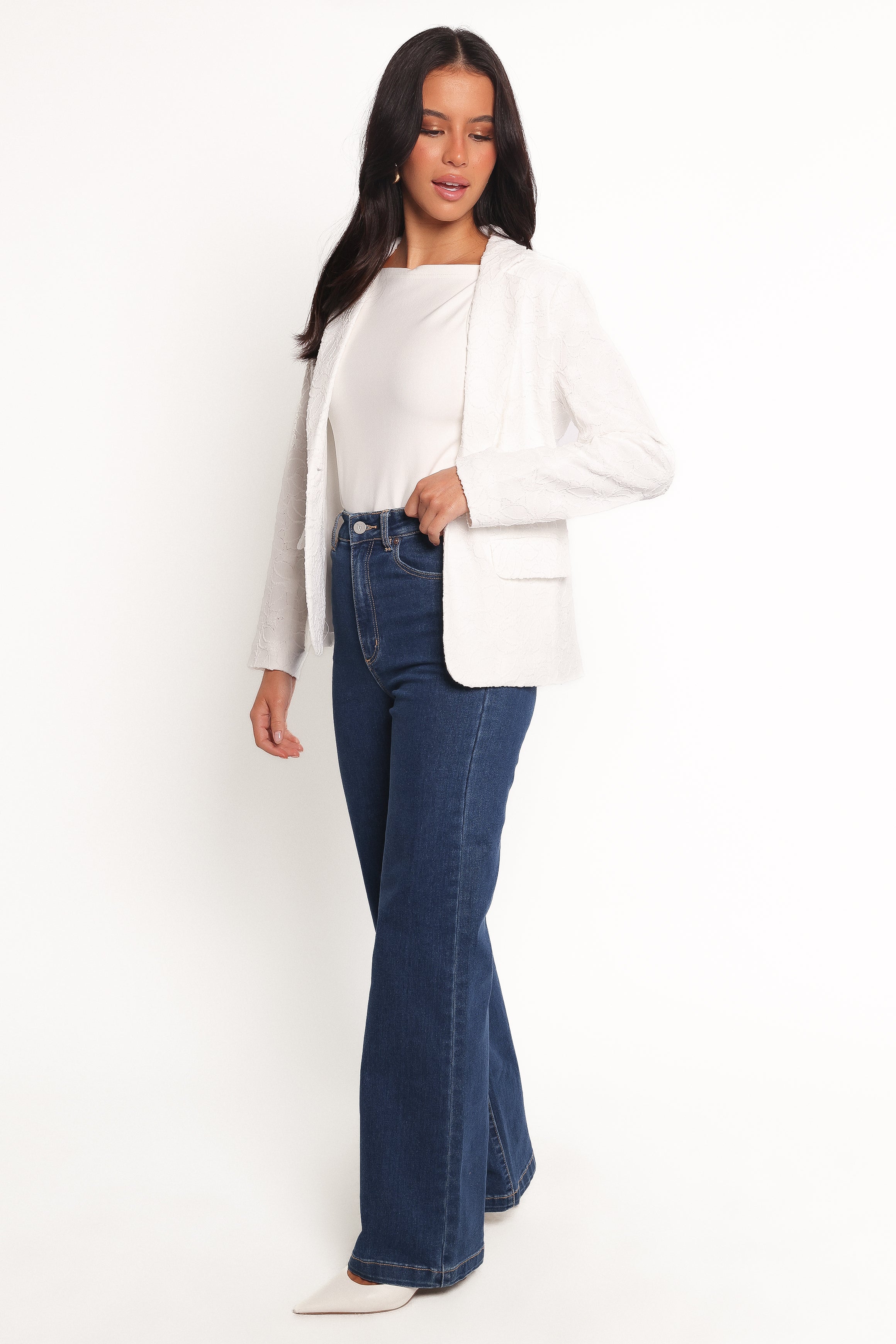 Darian Lace Knit Single Button Blazer - Off White