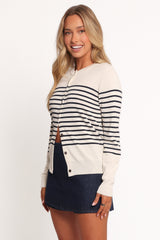 Gavi Button Front Striped Cardigan - Off White/Navy