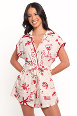 Kensie Tie Waist Romper - Red