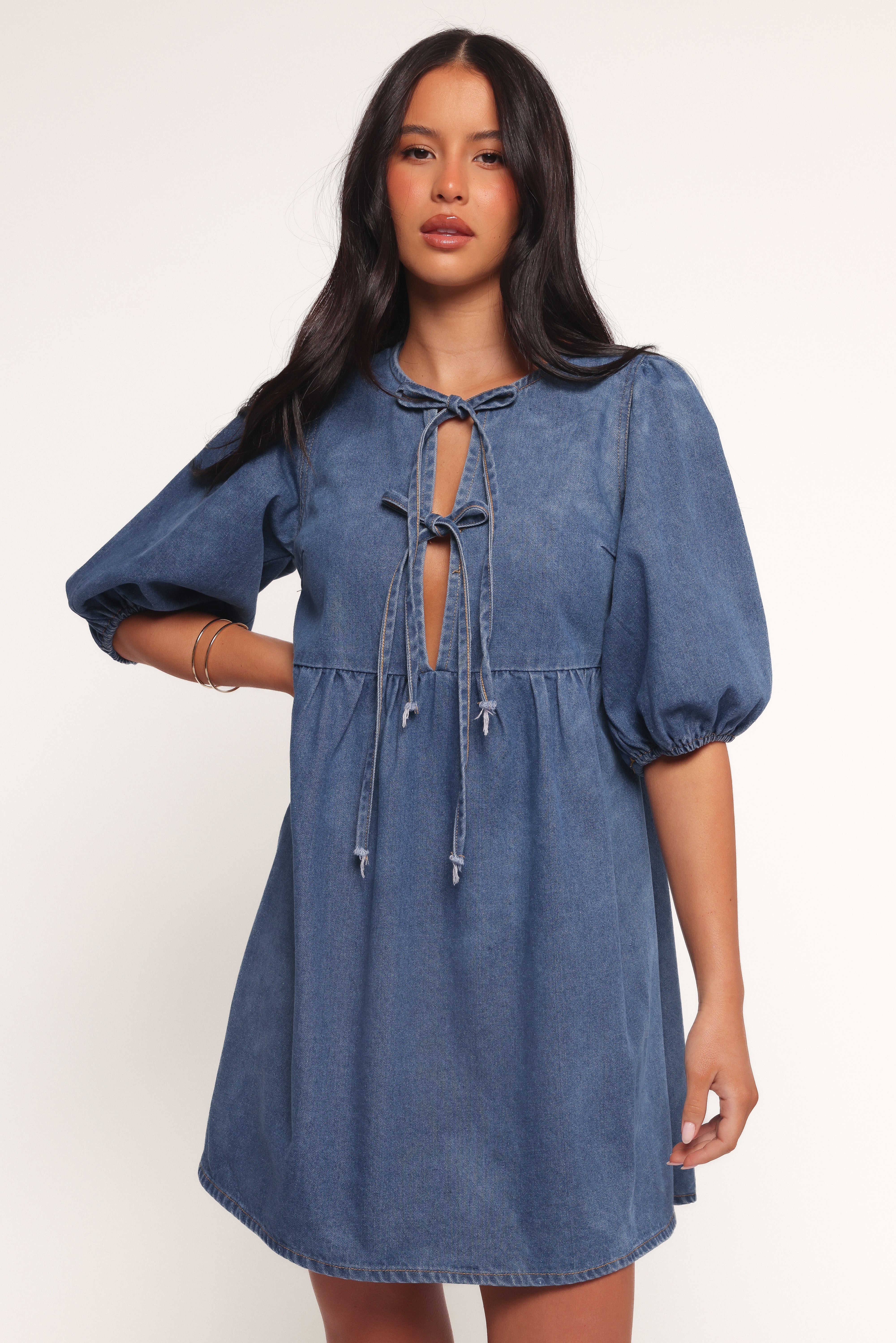 Romana Tie Front Mini Dress - Dark Denim