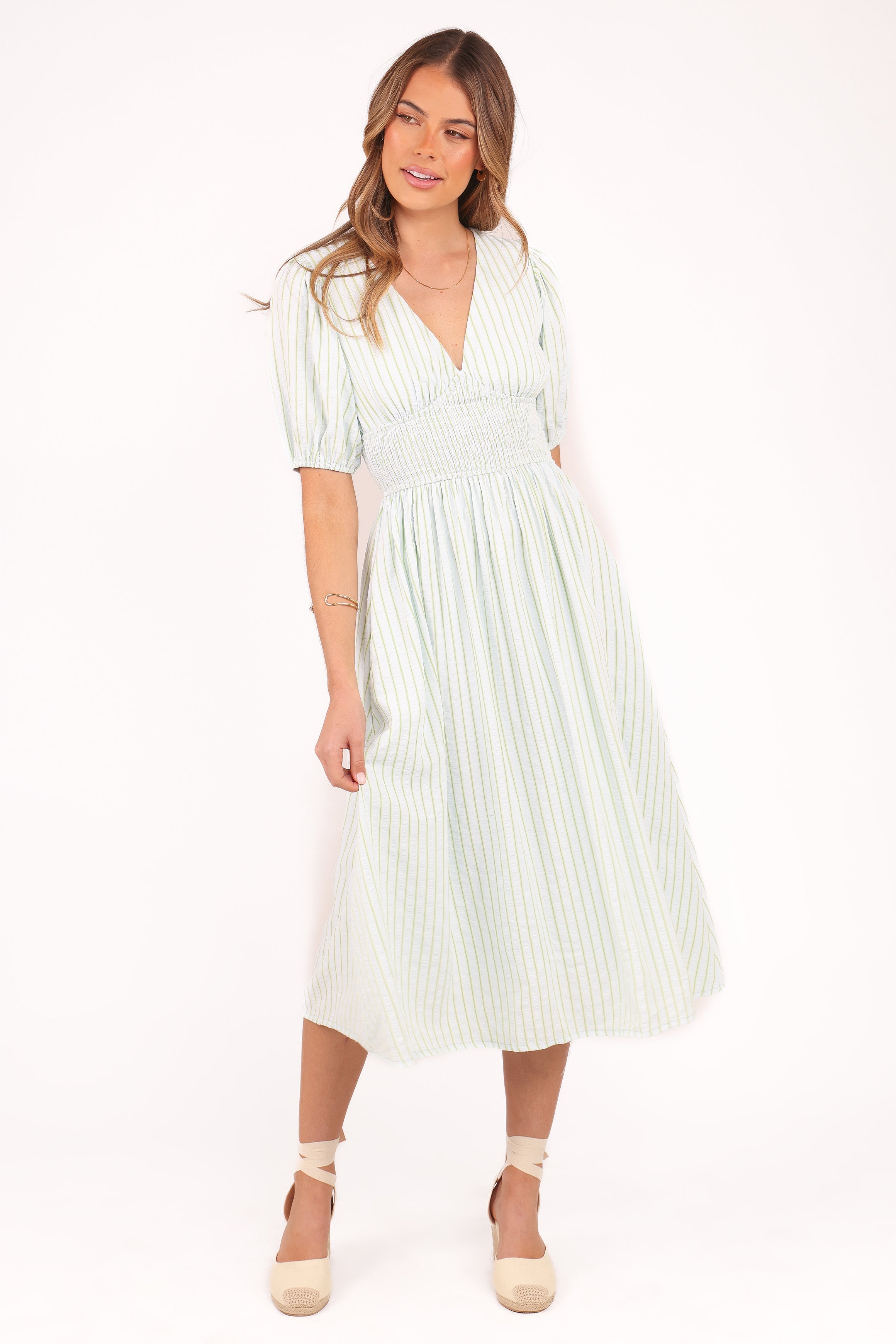 Ronnie Short Sleeve Midi Dress - Green Blue Stripe