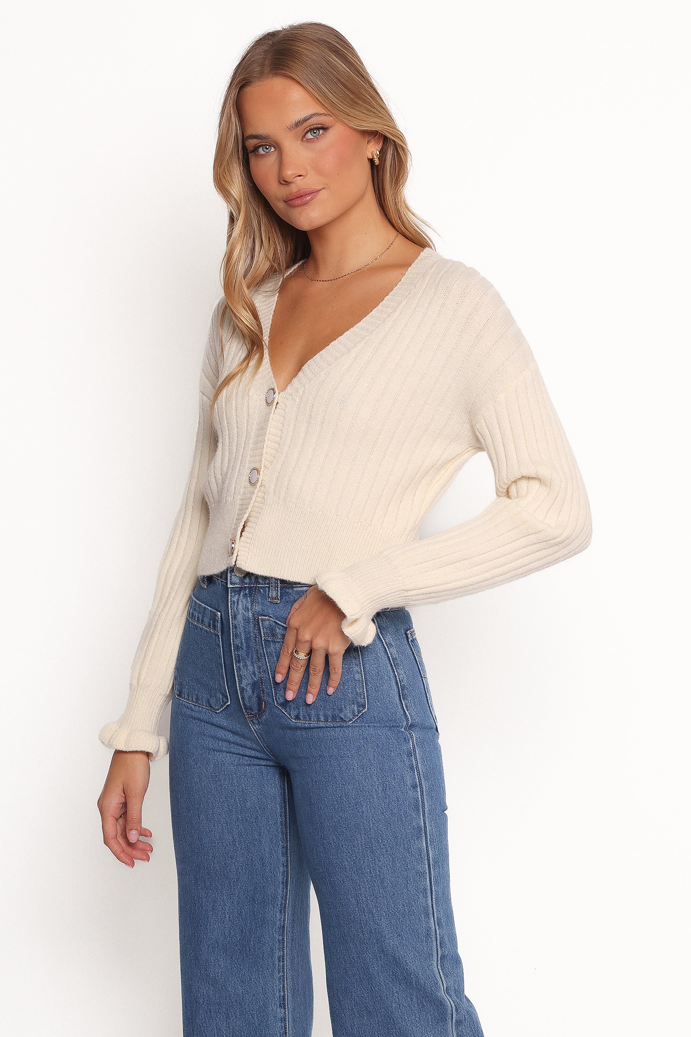 Zana Ribbed Ruffle Cuff Knit Sweater - Cream