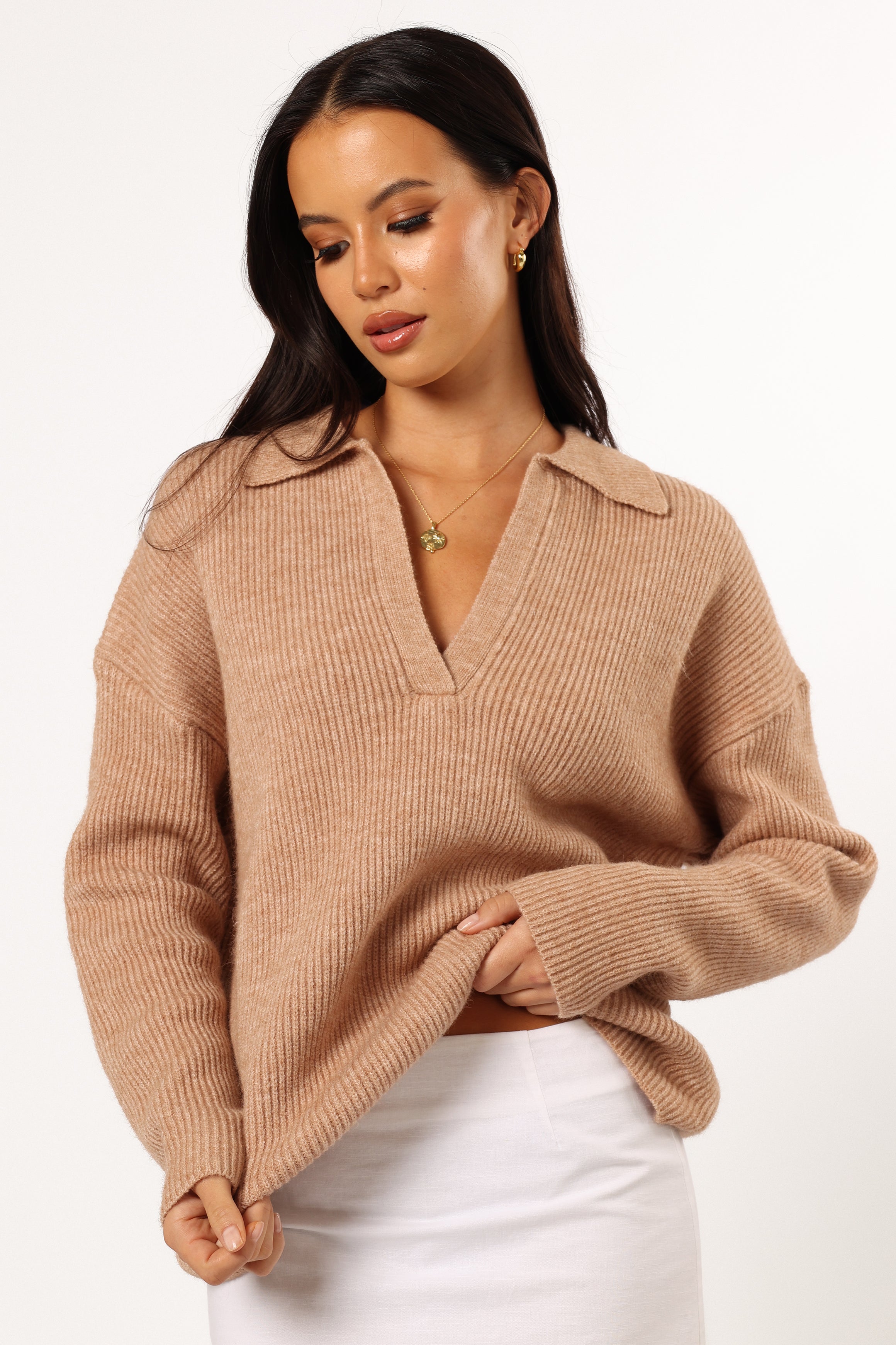 Zala Vneck Collar Knit Sweater - Mocha