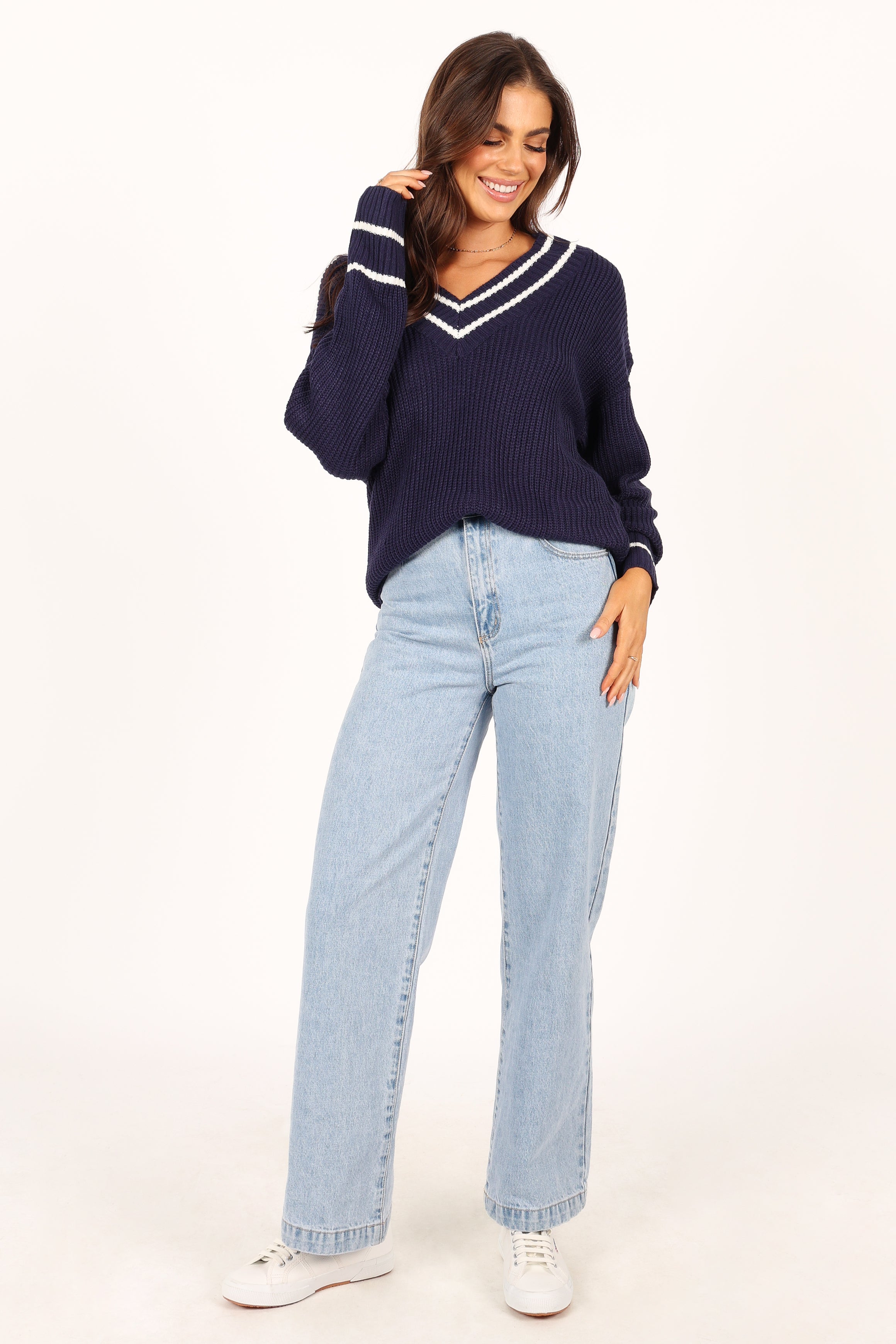 Leanna Vneck Knit Sweater - Navy
